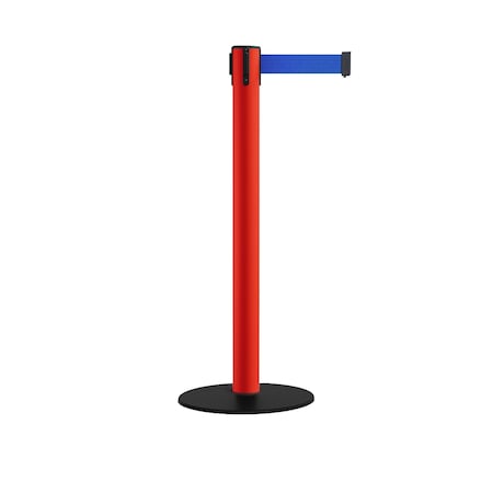 Montour Line Retractable Belt Stanchion, Low Base, 3" Red Post 14' Blue Belt S660-RD-BL-140
